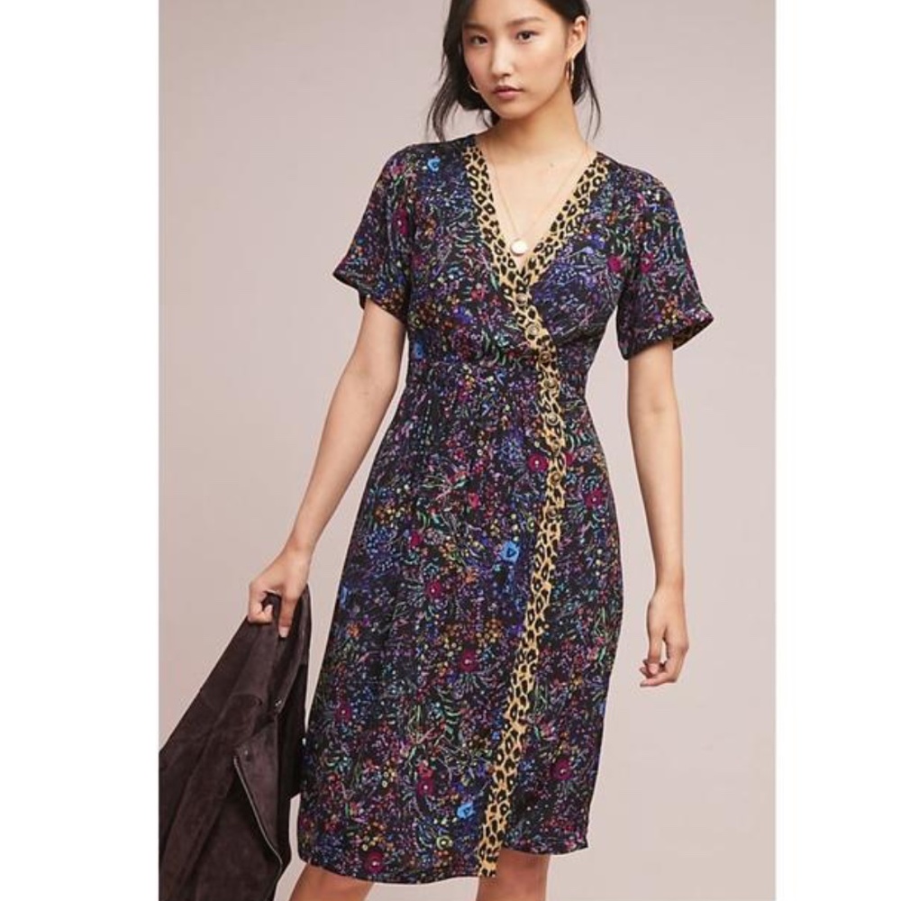 Maeve | Black Floral + Leopard Print V-Neck Dress